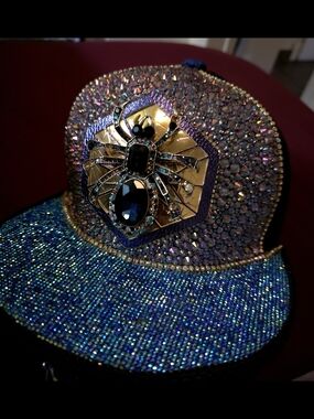 Embellished Blue And Black Rhinestone Spider Snapback Hat